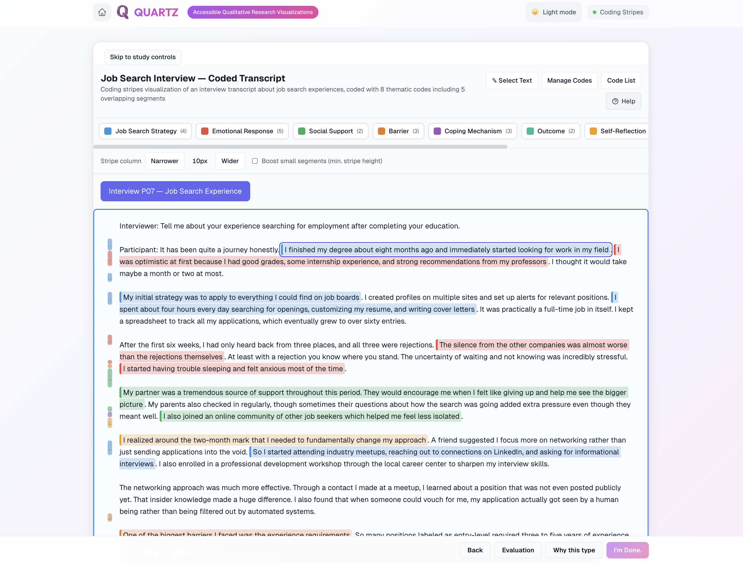 QUARTZ coding-stripes view titled "Job Search Interview — Coded Transcript," an interview transcript with colored stripes marking eight thematic codes (such as Job Search Strategy, Emotional Response, Social Support, and Barrier) across overlapping text segments.